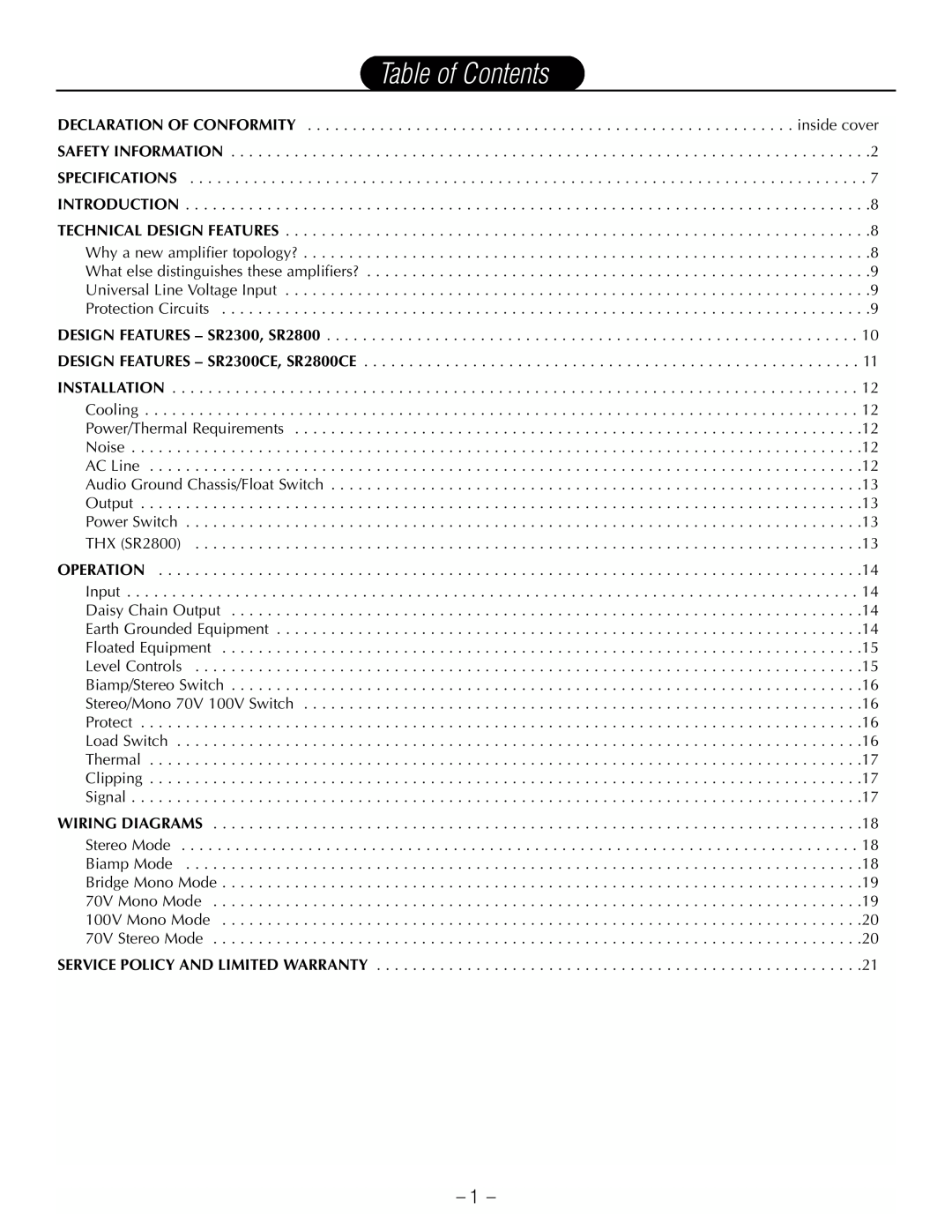 Hafler SR2300CE, SR2800CE owner manual Table of Contents 