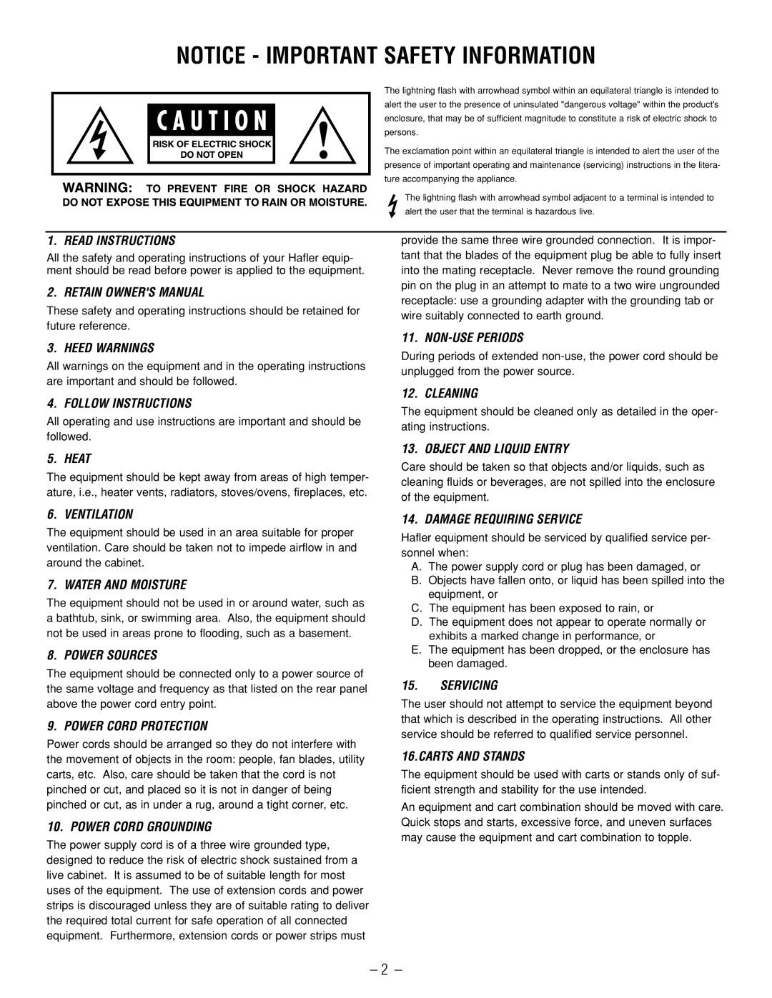 Hafler SR2300CE, SR2800CE owner manual Notice - Important Safety Information 