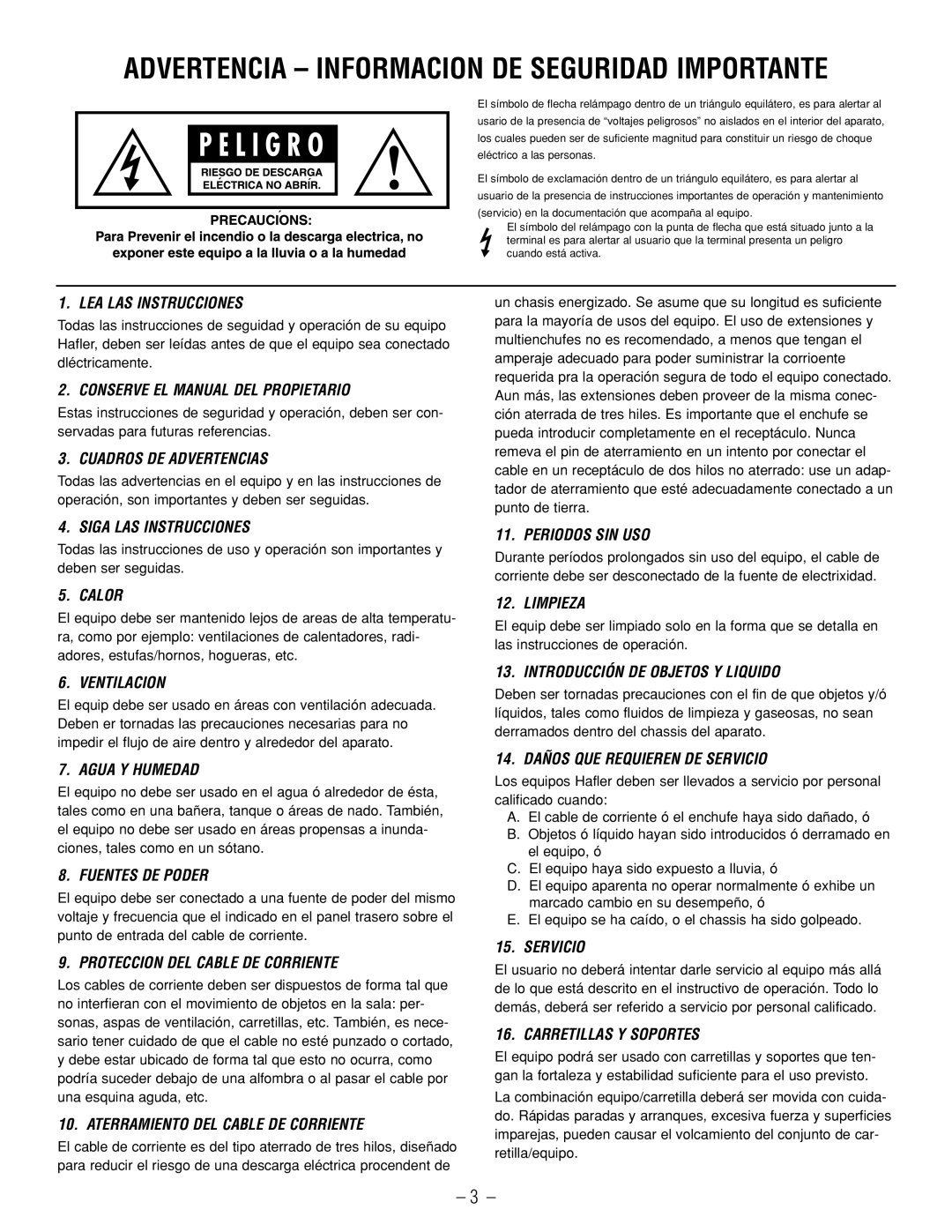 Hafler SR2800CE, SR2300CE owner manual Advertencia - Informacion De Seguridad Importante 