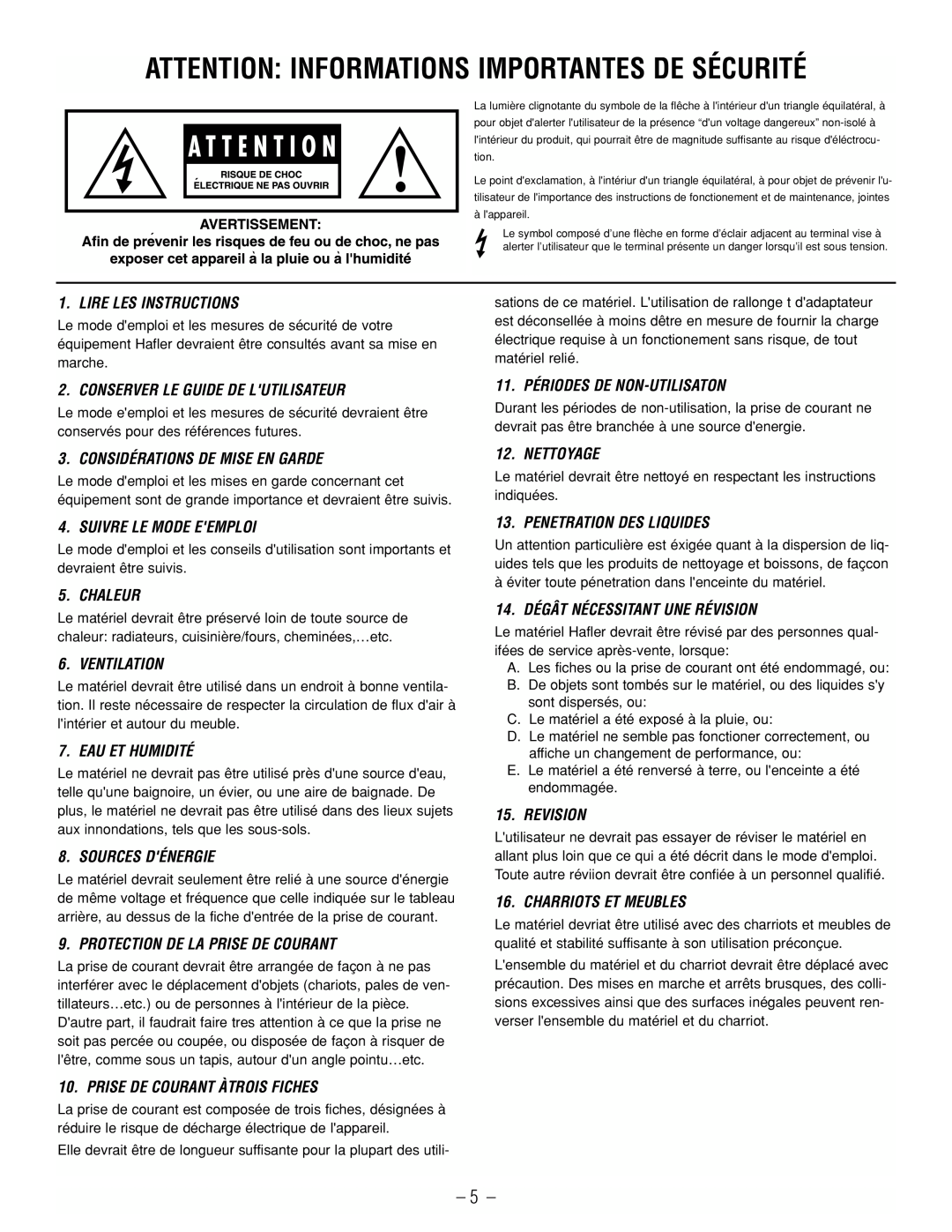 Hafler SR2300CE, SR2800CE owner manual Attention Informations Importantes De Sécurité 