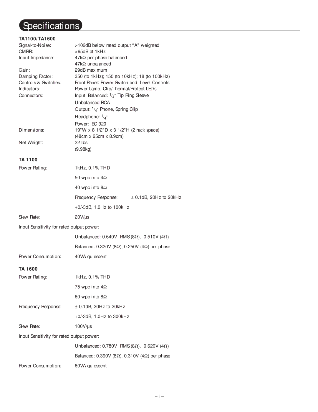 Hafler manual Specifications, TA1100/TA1600 