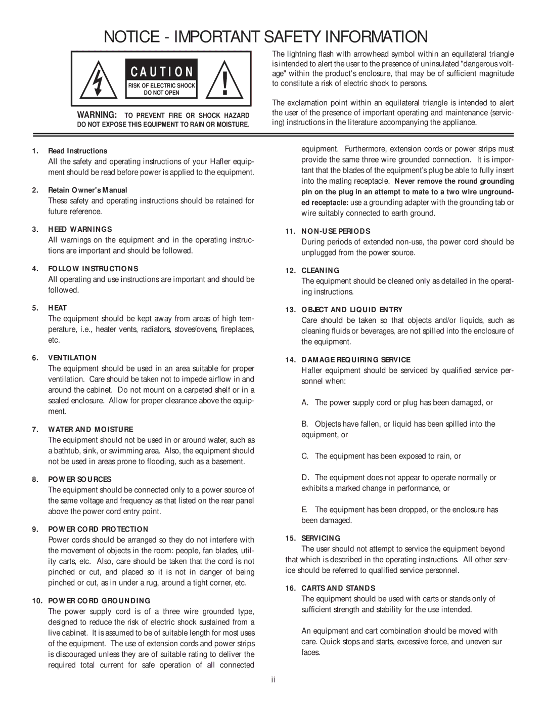 Hafler 1600 Heed Warnings, Follow Instructions, Heat, Ventilation, Water and Moisture, Power Sources, Power Cord Grounding 