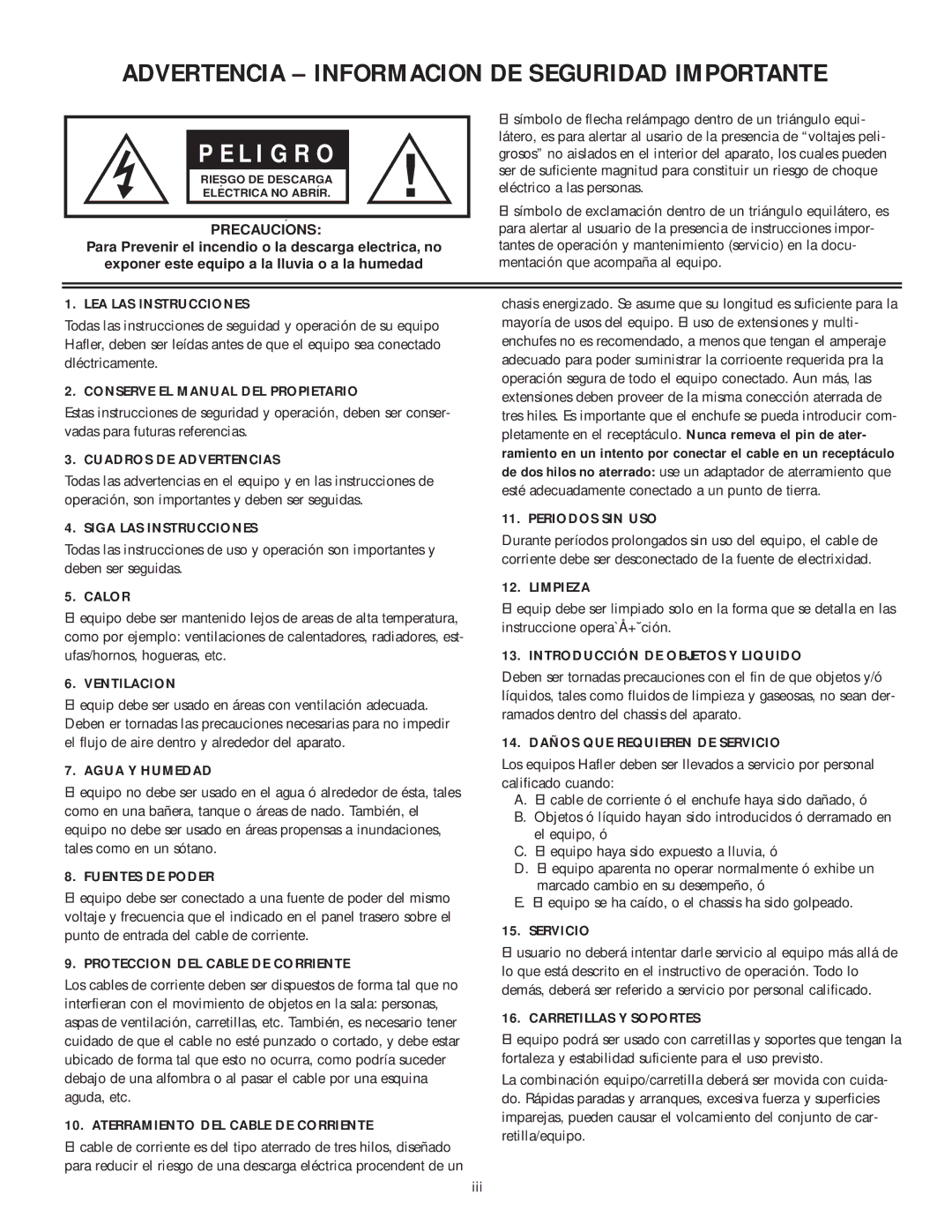 Hafler TA1100, 1600 Precaucions, LEA LAS Instrucciones, Conserve EL Manual DEL Propietario, Cuadros DE Advertencias, Calor 