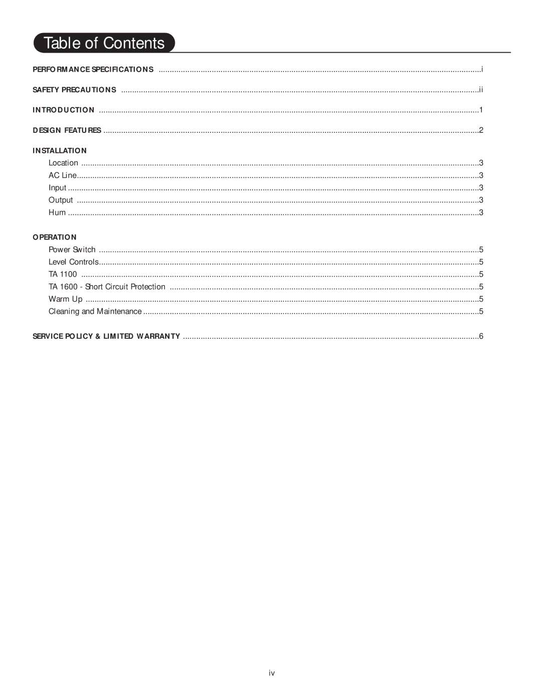 Hafler 1600, TA1100 manual Table of Contents 