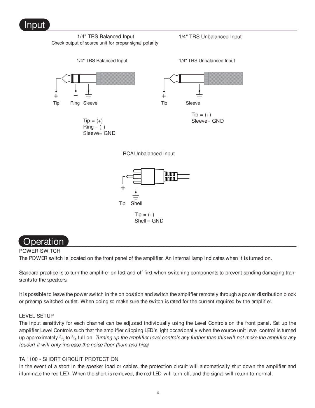 Hafler 1600, TA1100 manual Input, Operation, Power Switch, Level Setup, TA 1100 Short Circuit Protection 