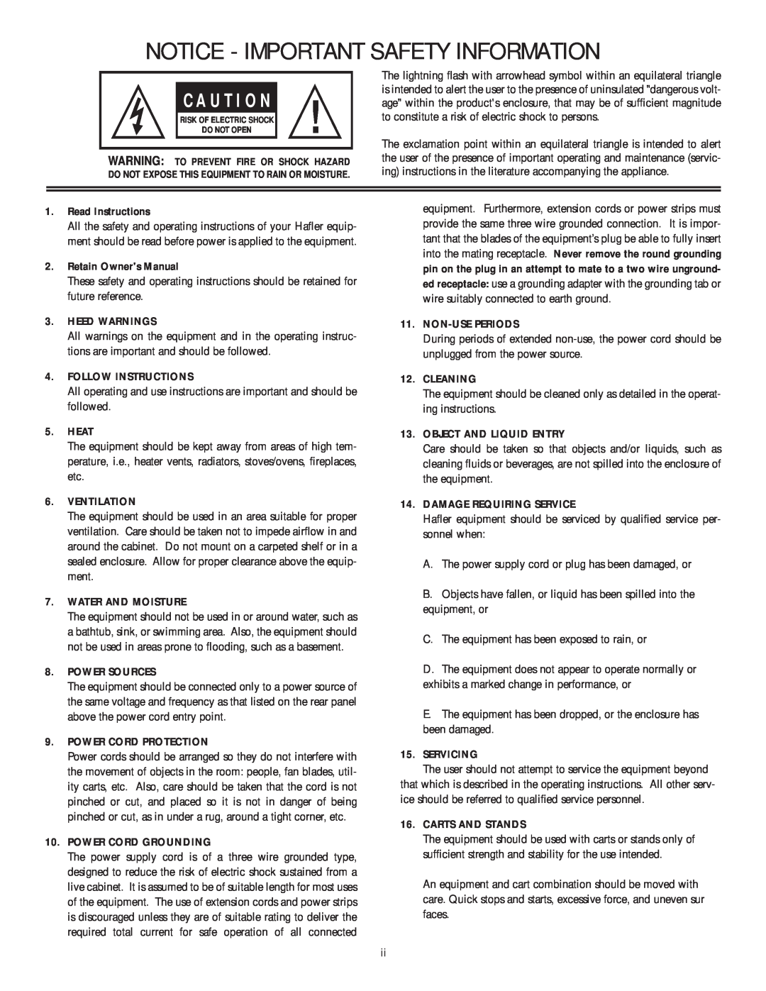 Hafler 1600, TA1100 manual C A U T I O N, Notice - Important Safety Information 