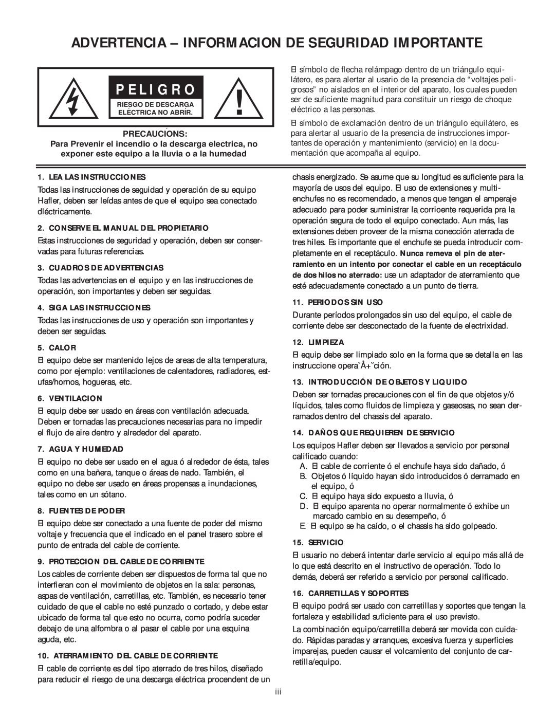 Hafler TA1100, 1600 manual Advertencia - Informacion De Seguridad Importante, P E L I G R O 