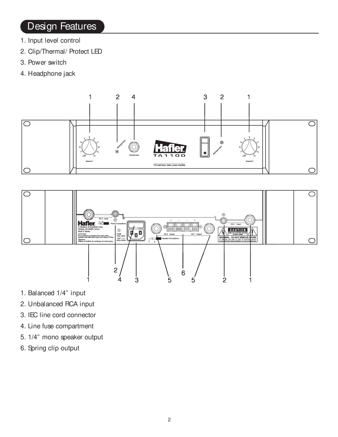 Hafler 1600, TA1100 manual Design Features 