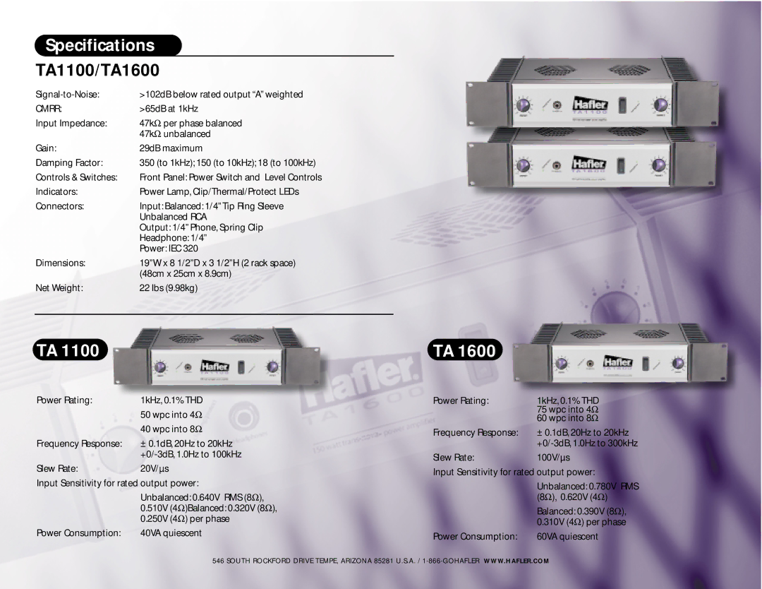 Hafler manual Specifications, TA1100/TA1600, Cmrr 