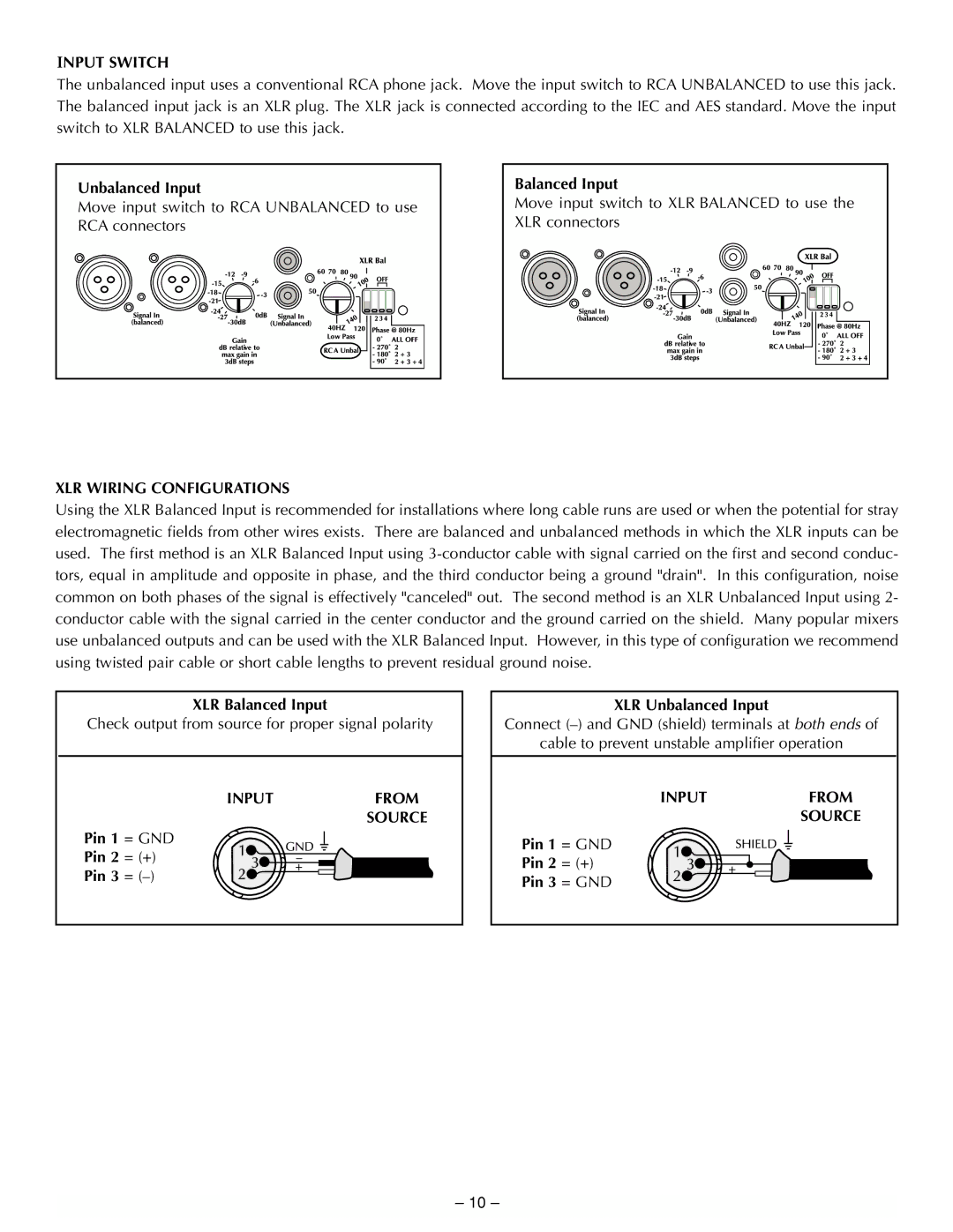 Hafler TRM12.1, TRM10.1 manual Input Switch, XLR Wiring Configurations, Inputfrom Source 