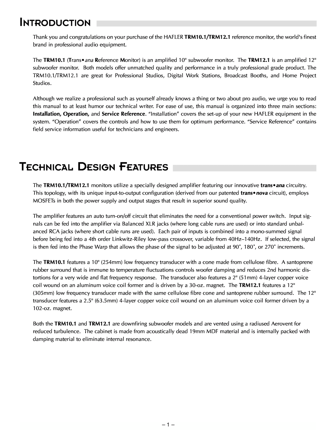 Hafler TRM10.1, TRM12.1 manual Introduction, Technical Design Features 