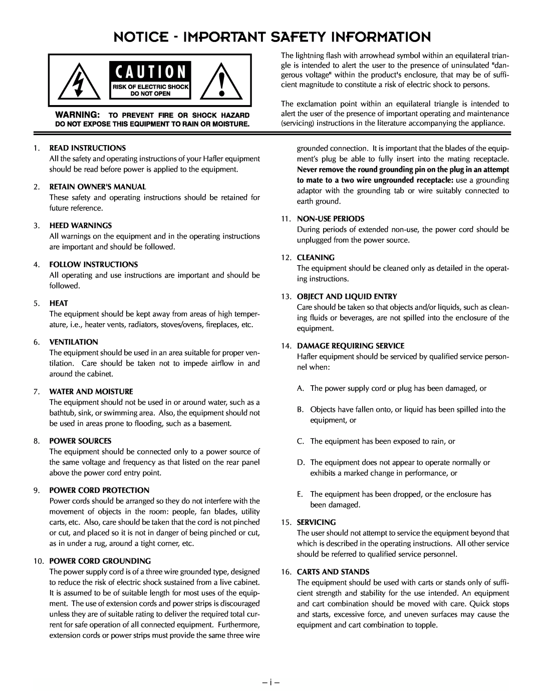 Hafler TRM12.1, TRM10.1 manual Notice - Important Safety Information 