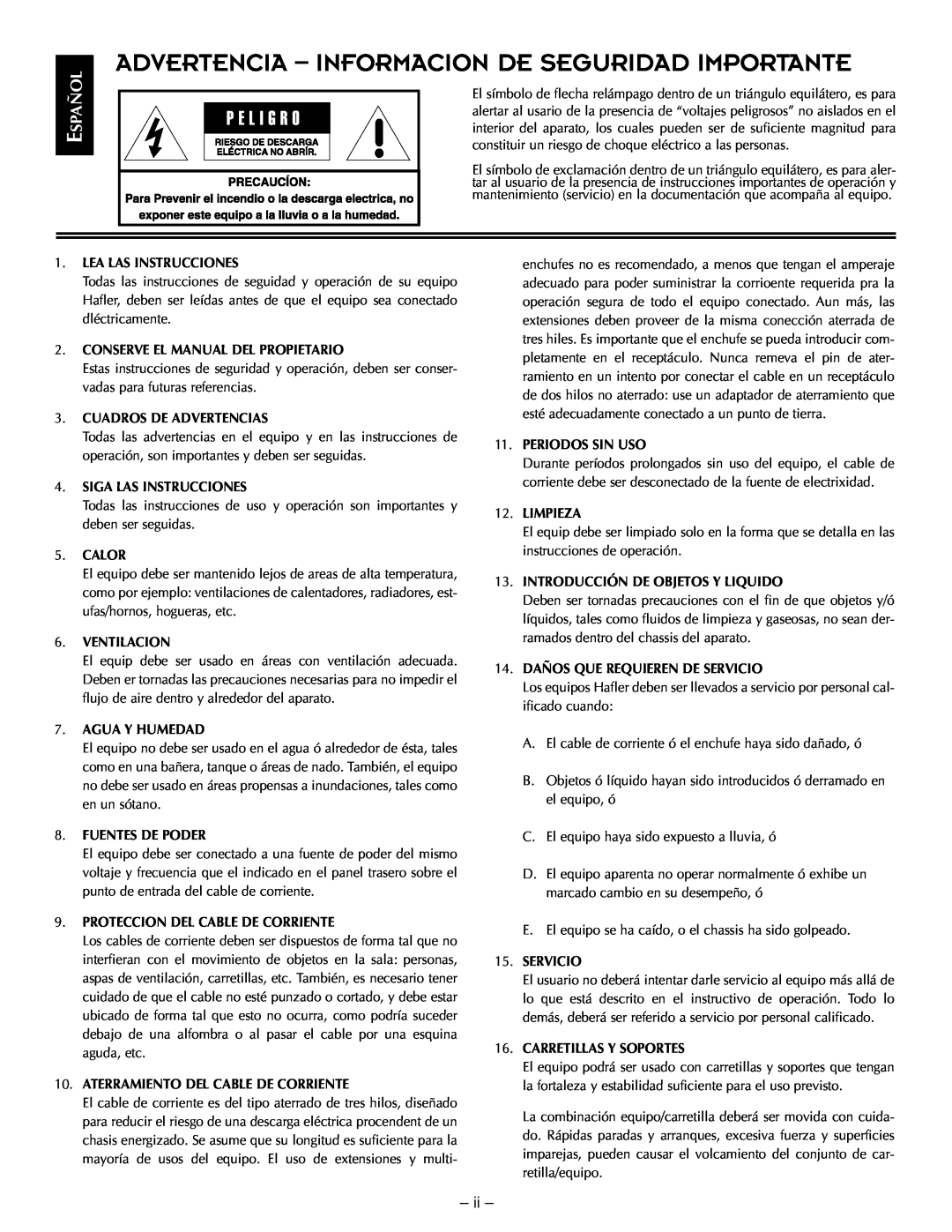 Hafler TRM10.1, TRM12.1 manual Advertencia - Informacion De Seguridad Importante, Español, ii 