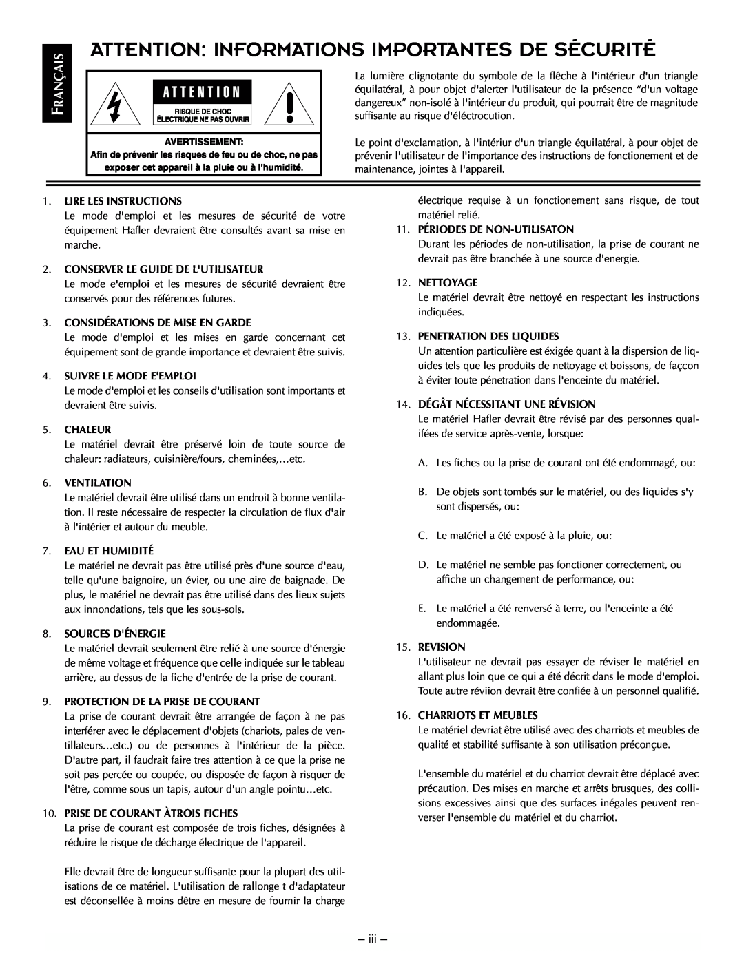 Hafler TRM12.1, TRM10.1 manual Attention Informations Importantes De Sécurité, Rançais, iii 