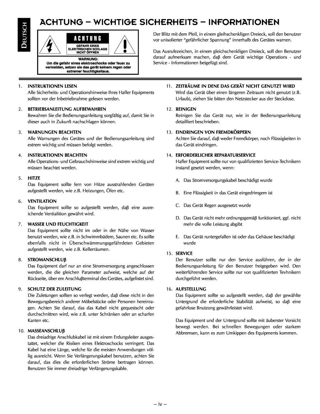 Hafler TRM10.1, TRM12.1 manual Achtung - Wichtige Sicherheits - Informationen, Deutsch, iv 