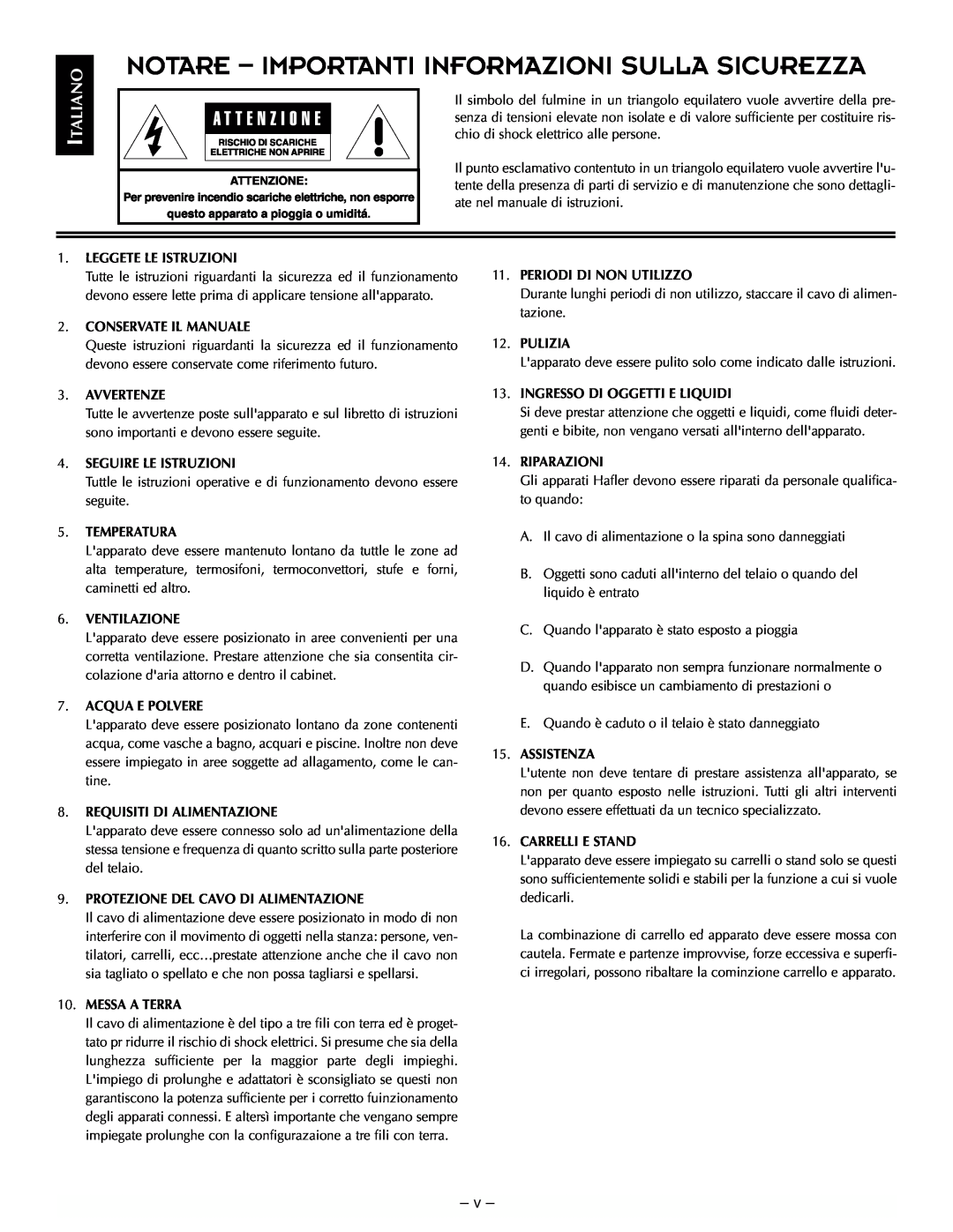 Hafler TRM12.1, TRM10.1 manual Notare - Importanti Informazioni Sulla Sicurezza, Italiano, v 
