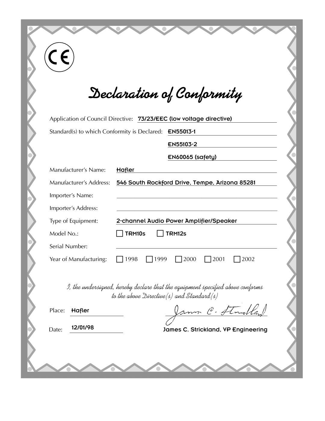 Hafler TRM12S, TRM10S manual Declaration of Conformity 