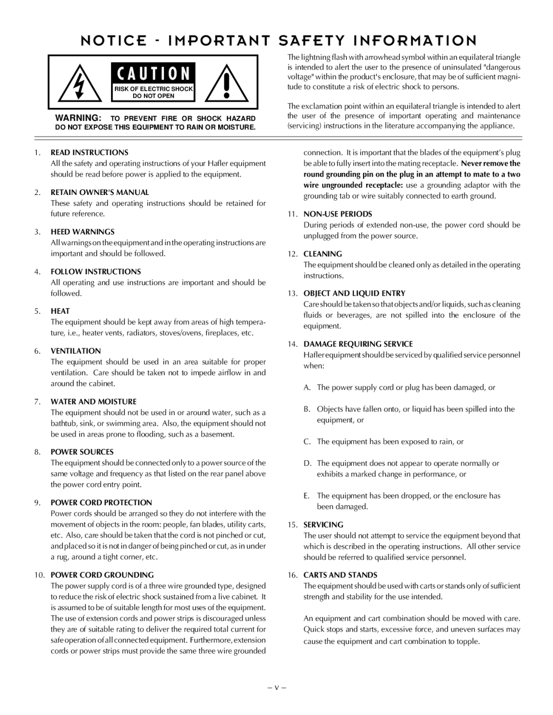 Hafler TRM12S Read Instructions, Heed Warnings, Follow Instructions, Heat, Ventilation, Water and Moisture, Power Sources 