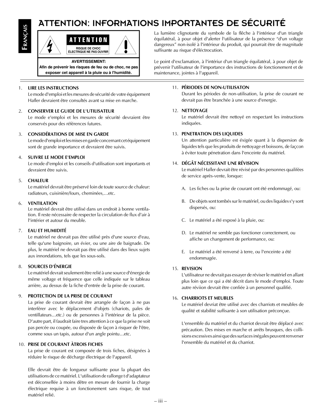 Hafler TRM12S, TRM10S Lire LES Instructions, Conserver LE Guide DE Lutilisateur, Considérations DE Mise EN Garde, Chaleur 