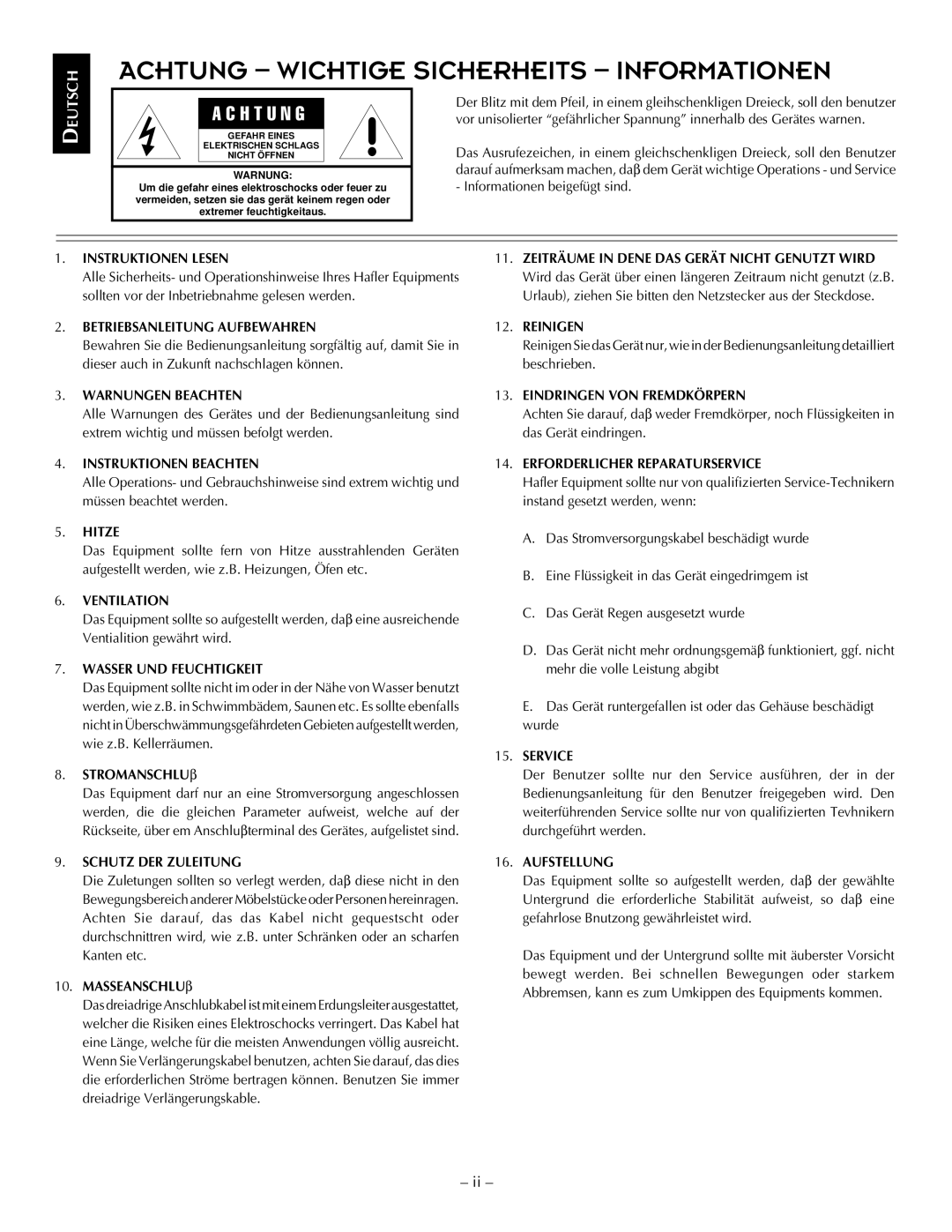 Hafler TRM10S manual Instruktionen Lesen, Betriebsanleitung Aufbewahren, Warnungen Beachten, Instruktionen Beachten, Hitze 