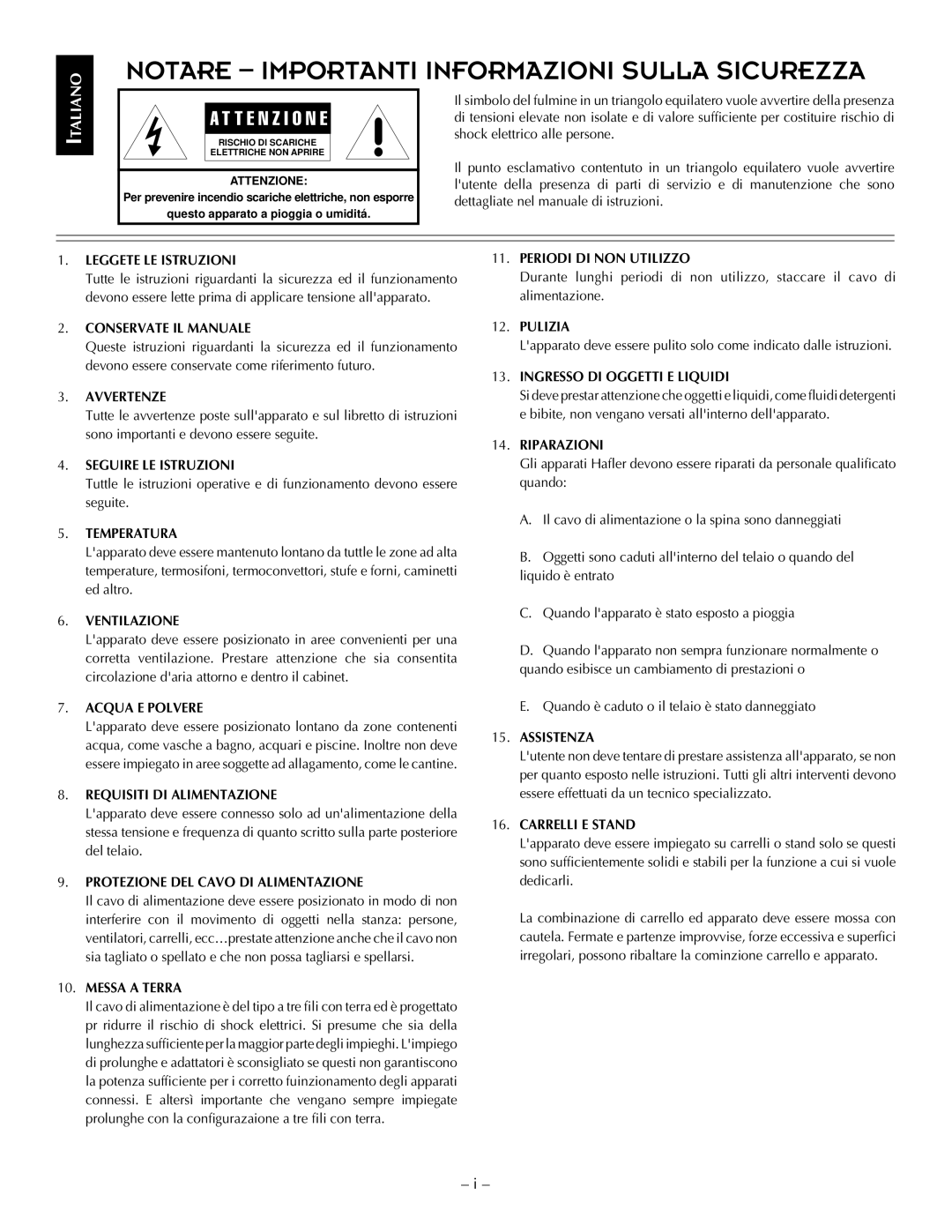 Hafler TRM12S Leggete LE Istruzioni, Conservate IL Manuale, Avvertenze, Seguire LE Istruzioni, Temperatura, Ventilazione 