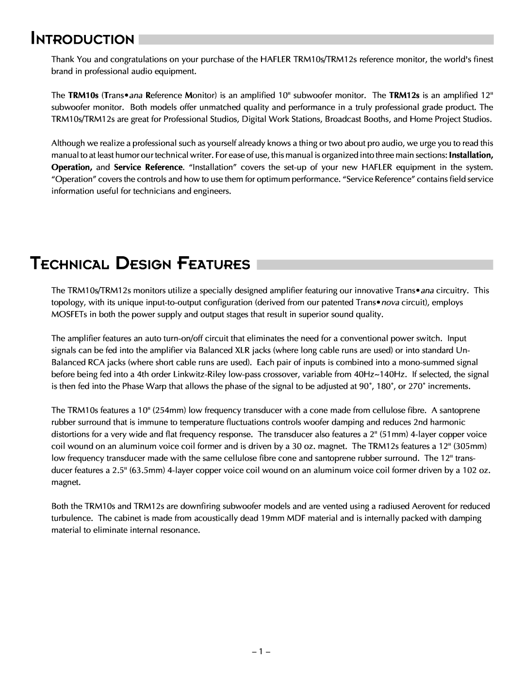 Hafler TRM12S, TRM10S manual Introduction, Technical Design Features 