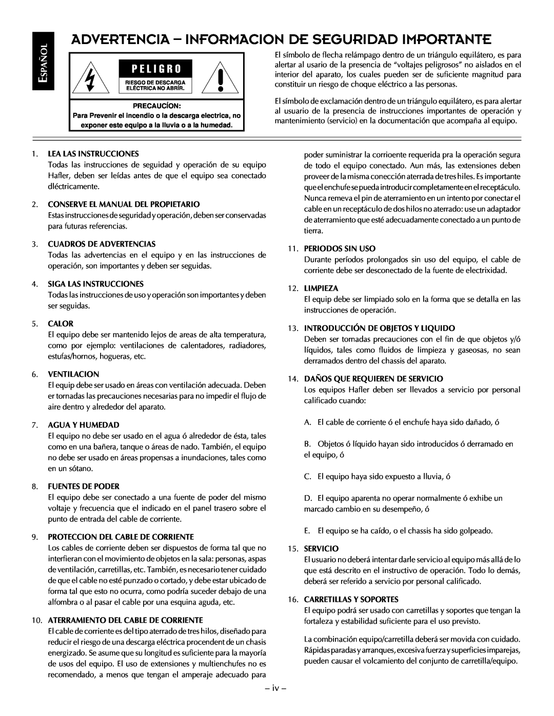 Hafler TRM10S, TRM12S manual Advertencia - Informacion De Seguridad Importante, P E L I G R O 