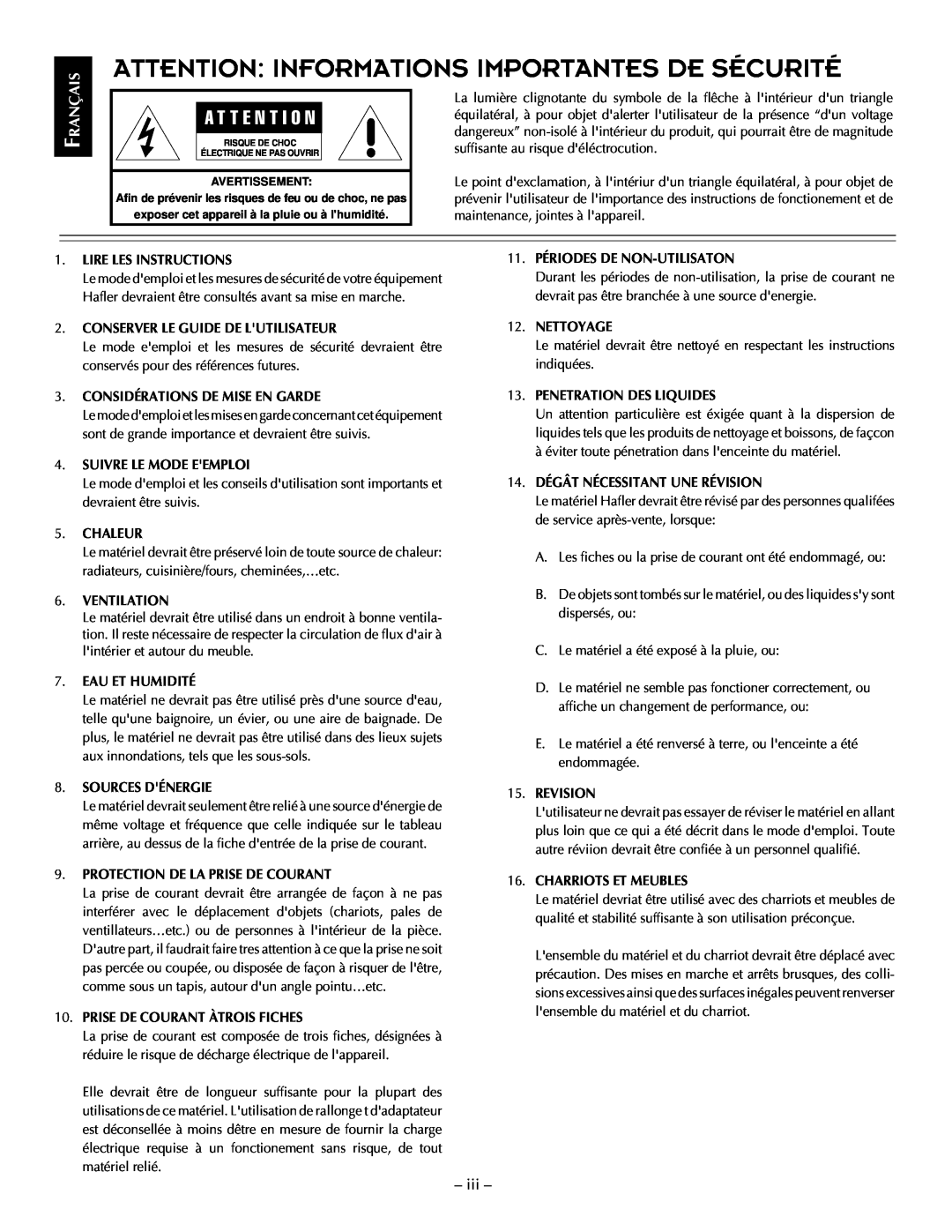 Hafler TRM12S, TRM10S manual Attention Informations Importantes De Sécurité, iii, A T T E N T I O N 