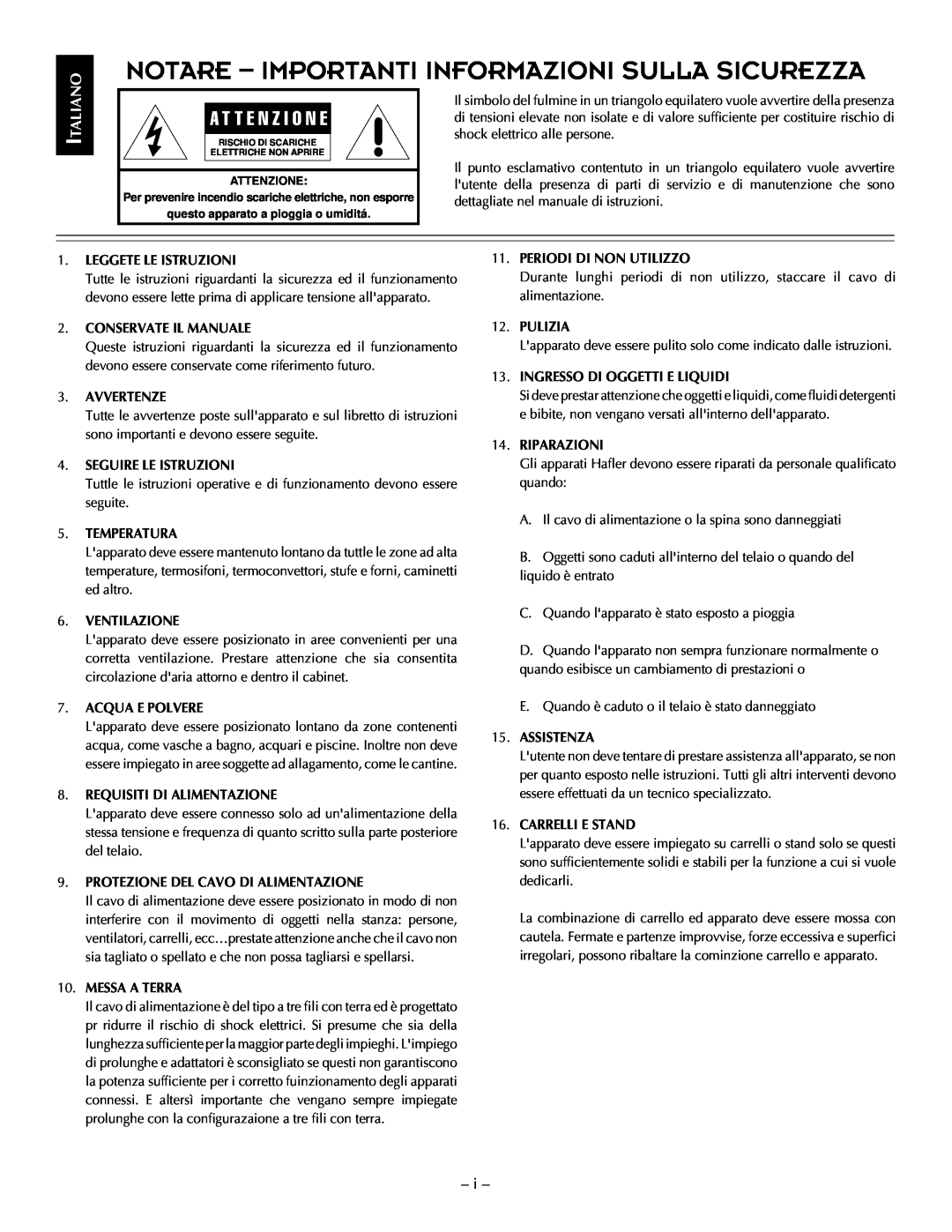 Hafler TRM12S, TRM10S manual Notare - Importanti Informazioni Sulla Sicurezza 