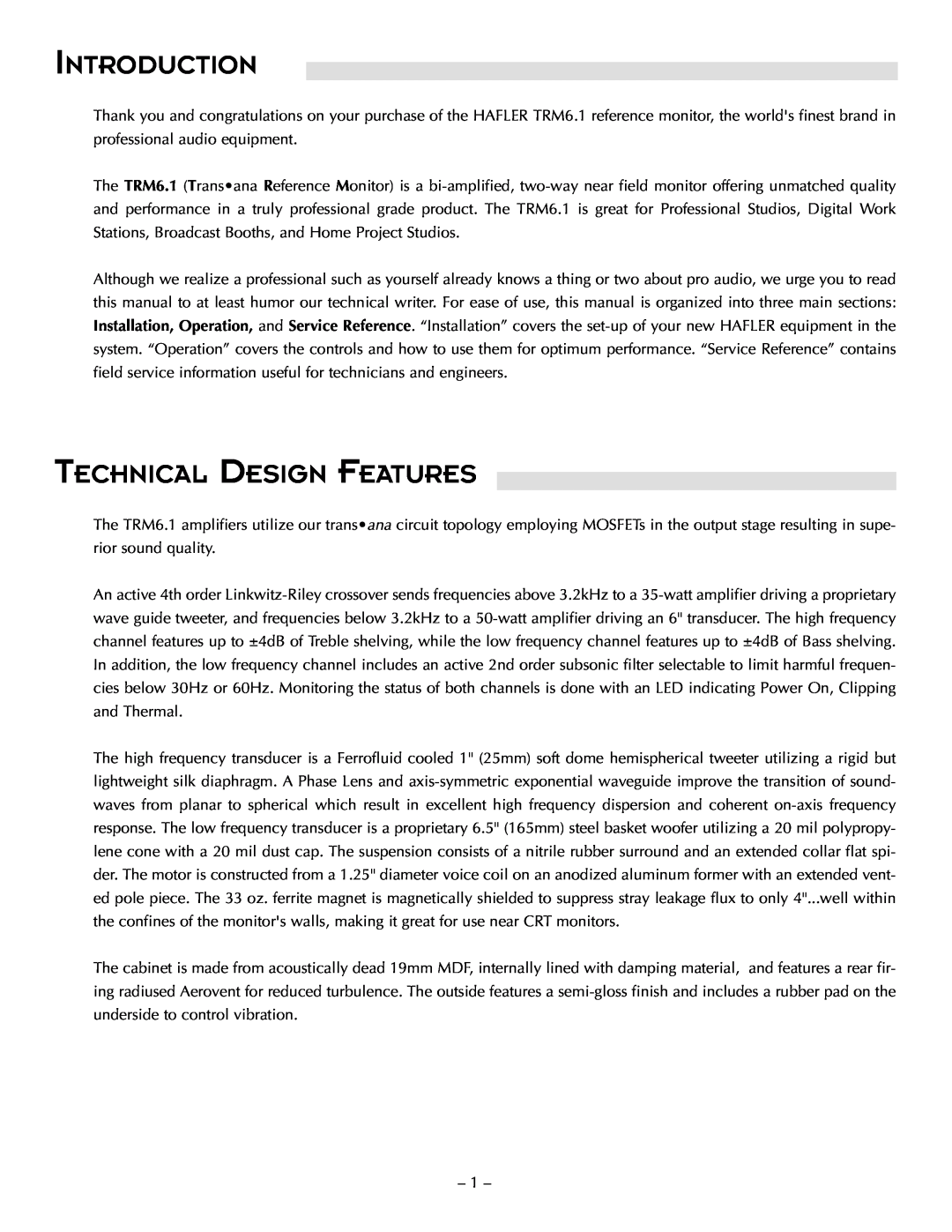 Hafler TRM6.1CE manual Introduction, Technical Design Features 