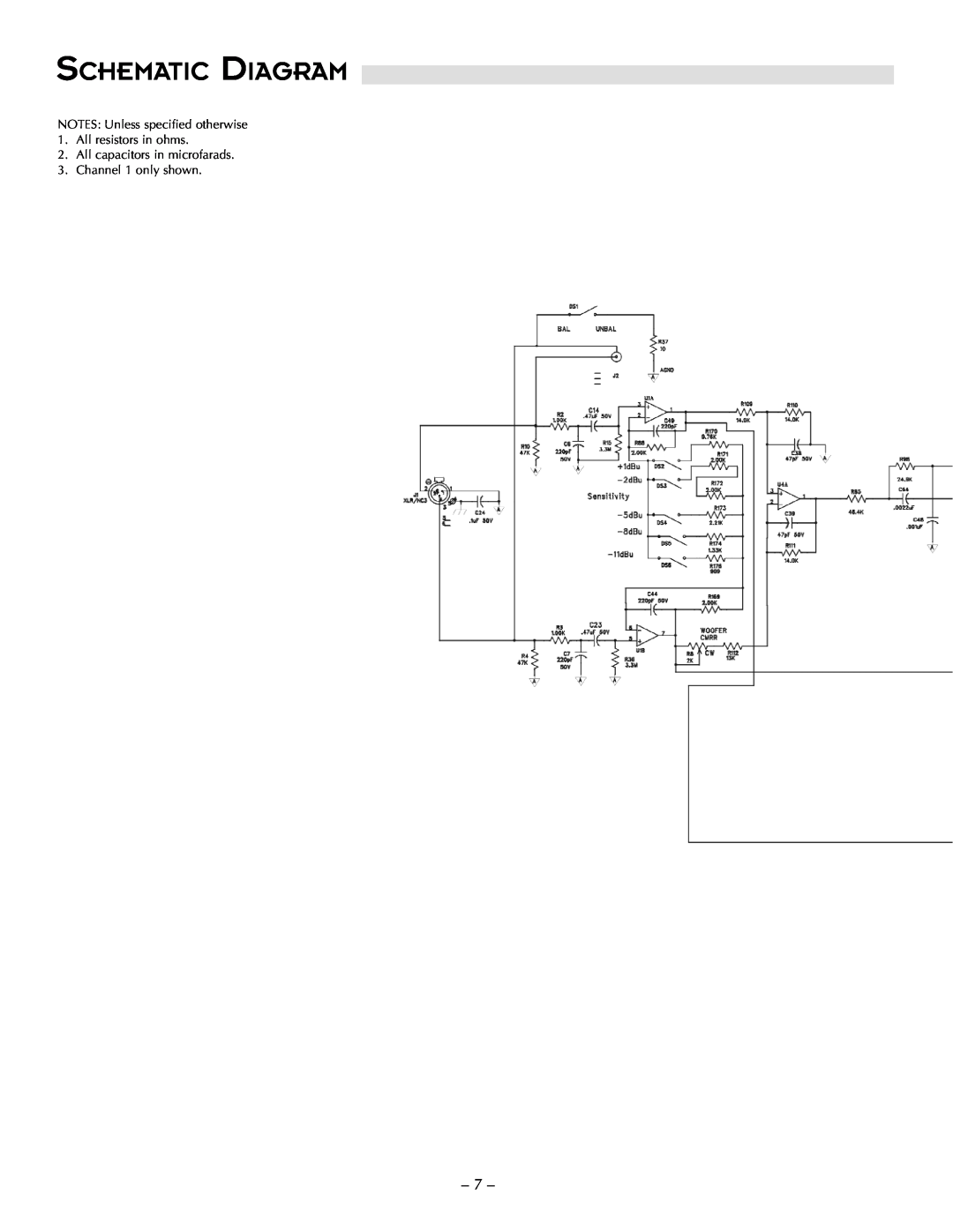 Hafler TRM6.1CE manual Schematic Diagram, NOTES Unless specified otherwise 1. All resistors in ohms 