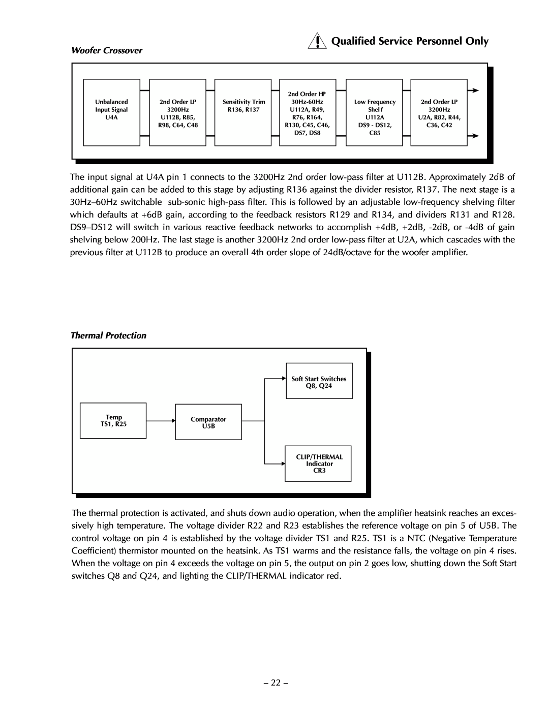 Hafler TRM6.1CE manual Qualified Service Personnel Only, Woofer Crossover, Thermal Protection 