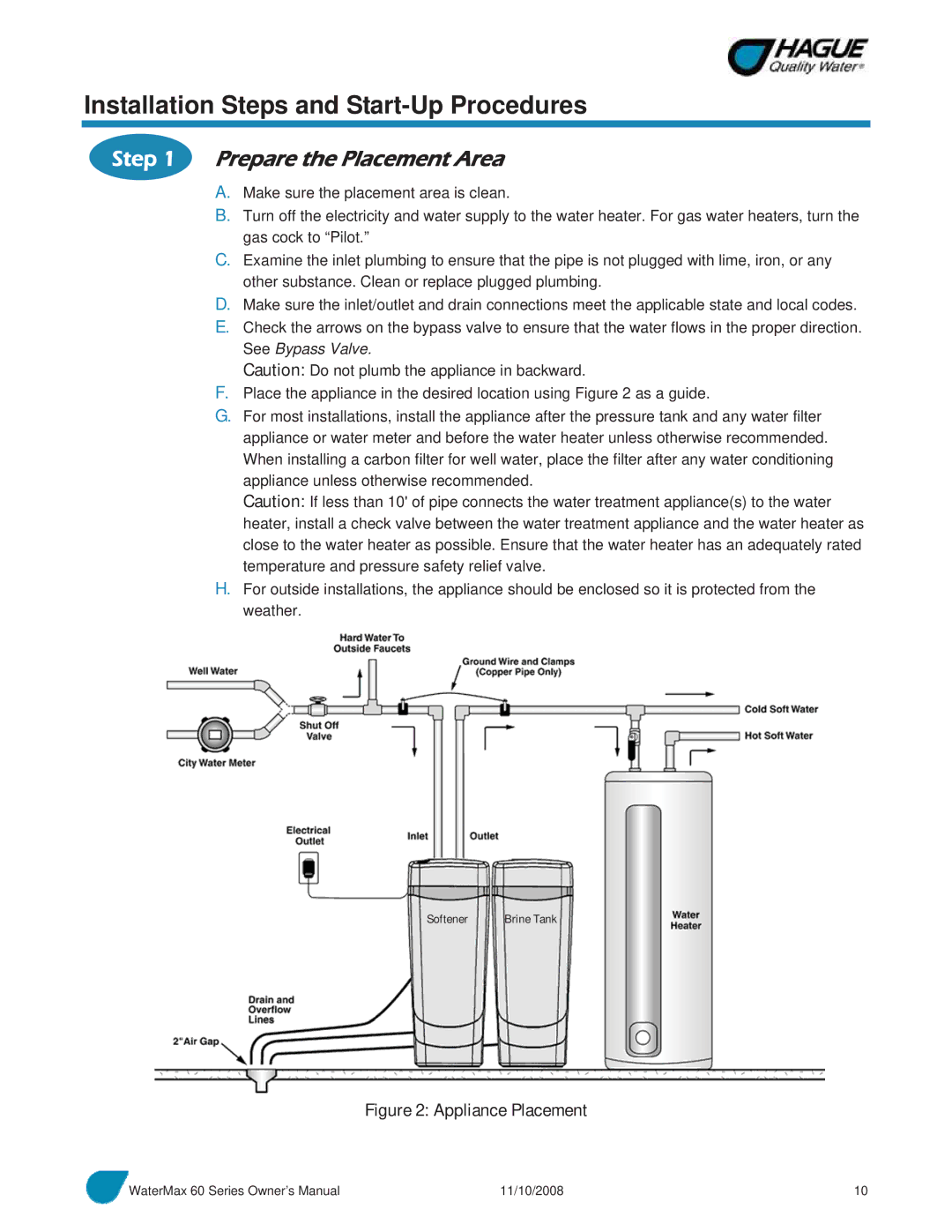 Hague Quality Water Intl 60 SERIES manual Installation Steps and Start-Up Procedures, Prepare the Placement Area 