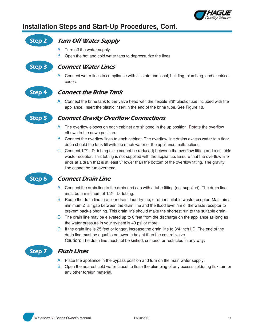 Hague Quality Water Intl 60 SERIES manual Installation Steps and Start-Up Procedures 