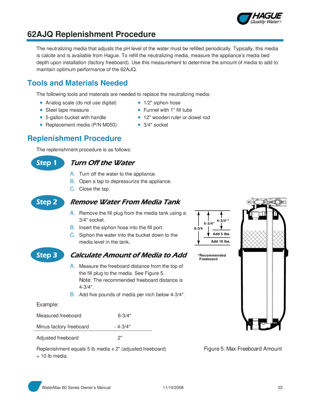 Hague Quality Water Intl 60 SERIES manual 62AJQ Replenishment Procedure, Tools and Materials Needed 