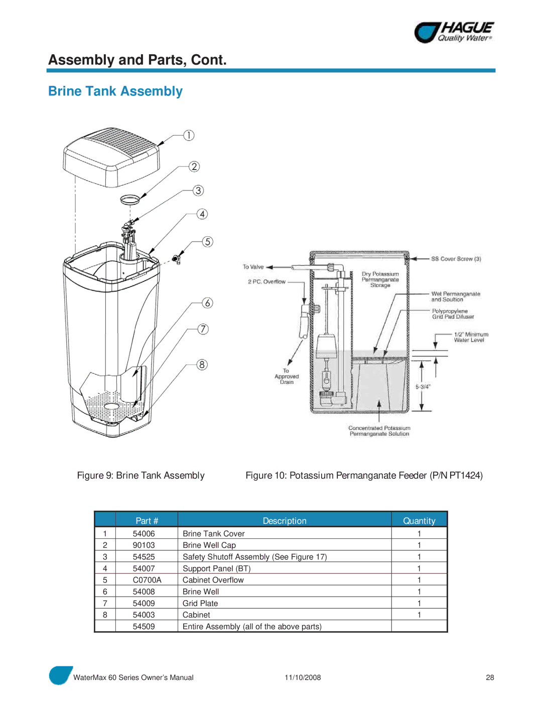 Hague Quality Water Intl 60 SERIES manual Assembly and Parts, Brine Tank Assembly 