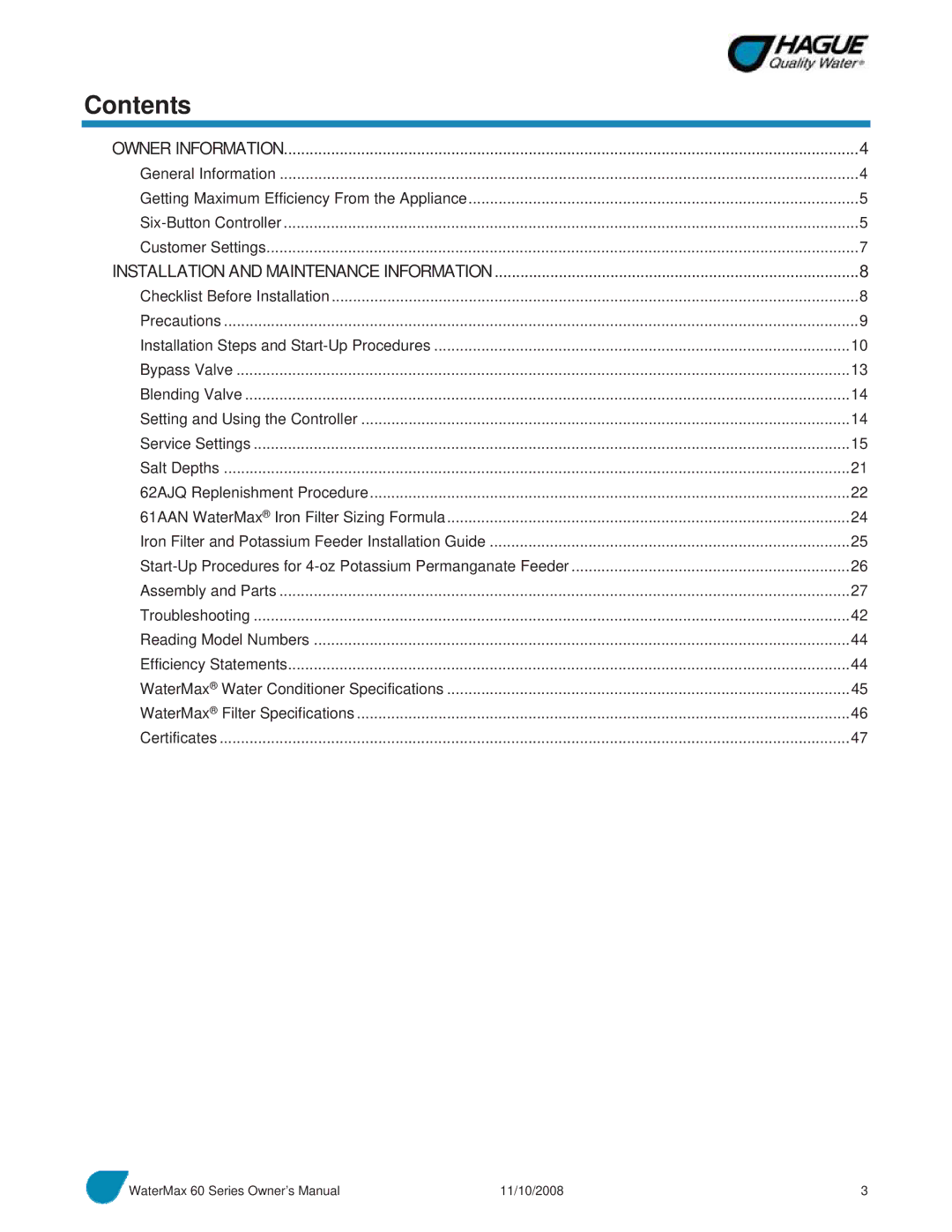 Hague Quality Water Intl 60 SERIES manual Contents 