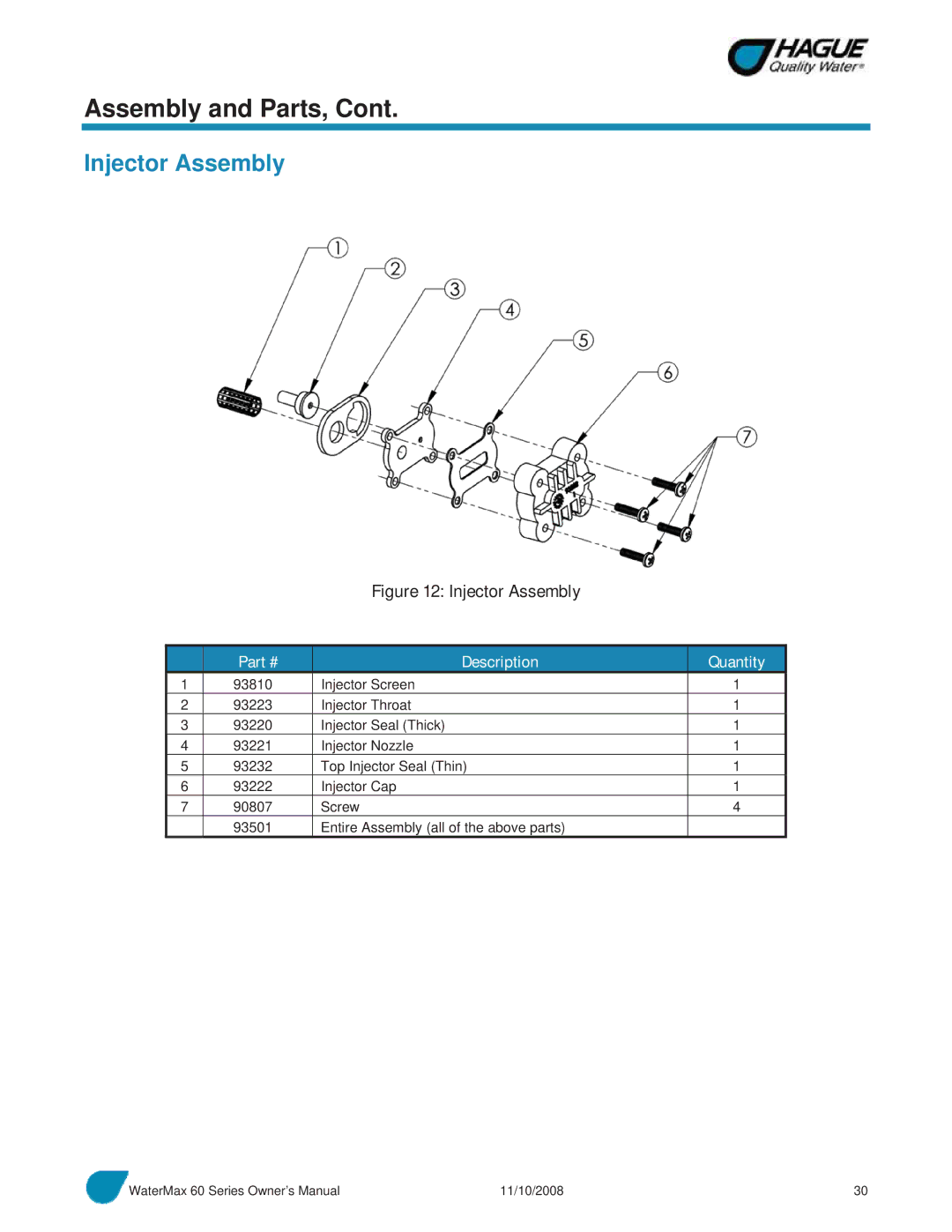 Hague Quality Water Intl 60 SERIES manual Injector Assembly 