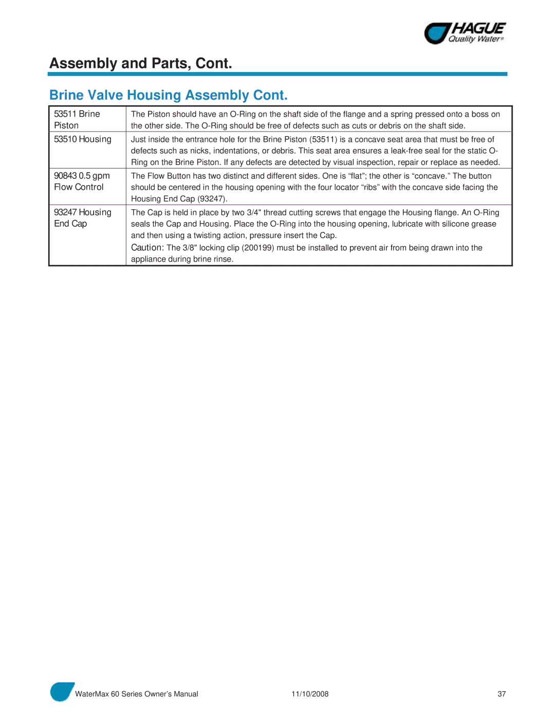 Hague Quality Water Intl 60 SERIES manual Brine, 90843 0.5 gpm, Flow Control, End Cap 