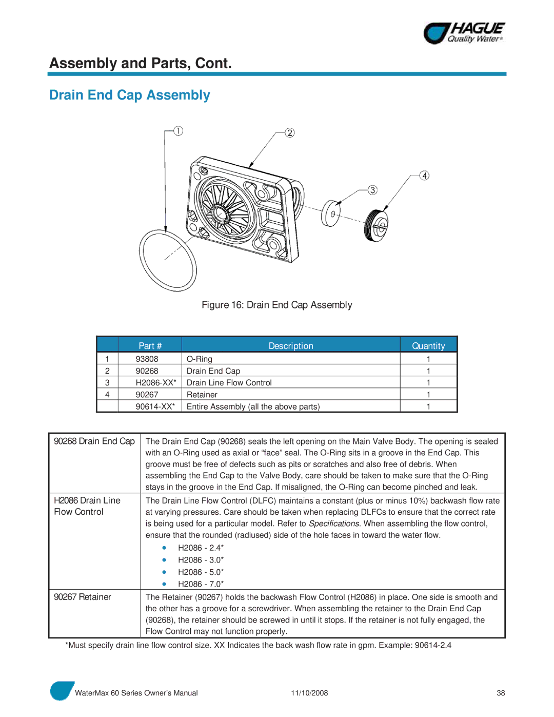 Hague Quality Water Intl 60 SERIES manual Drain End Cap Assembly, H2086 Drain Line, Retainer 