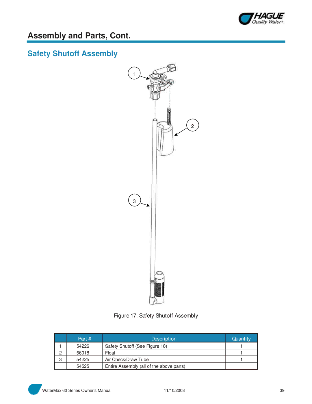 Hague Quality Water Intl 60 SERIES manual Safety Shutoff Assembly 