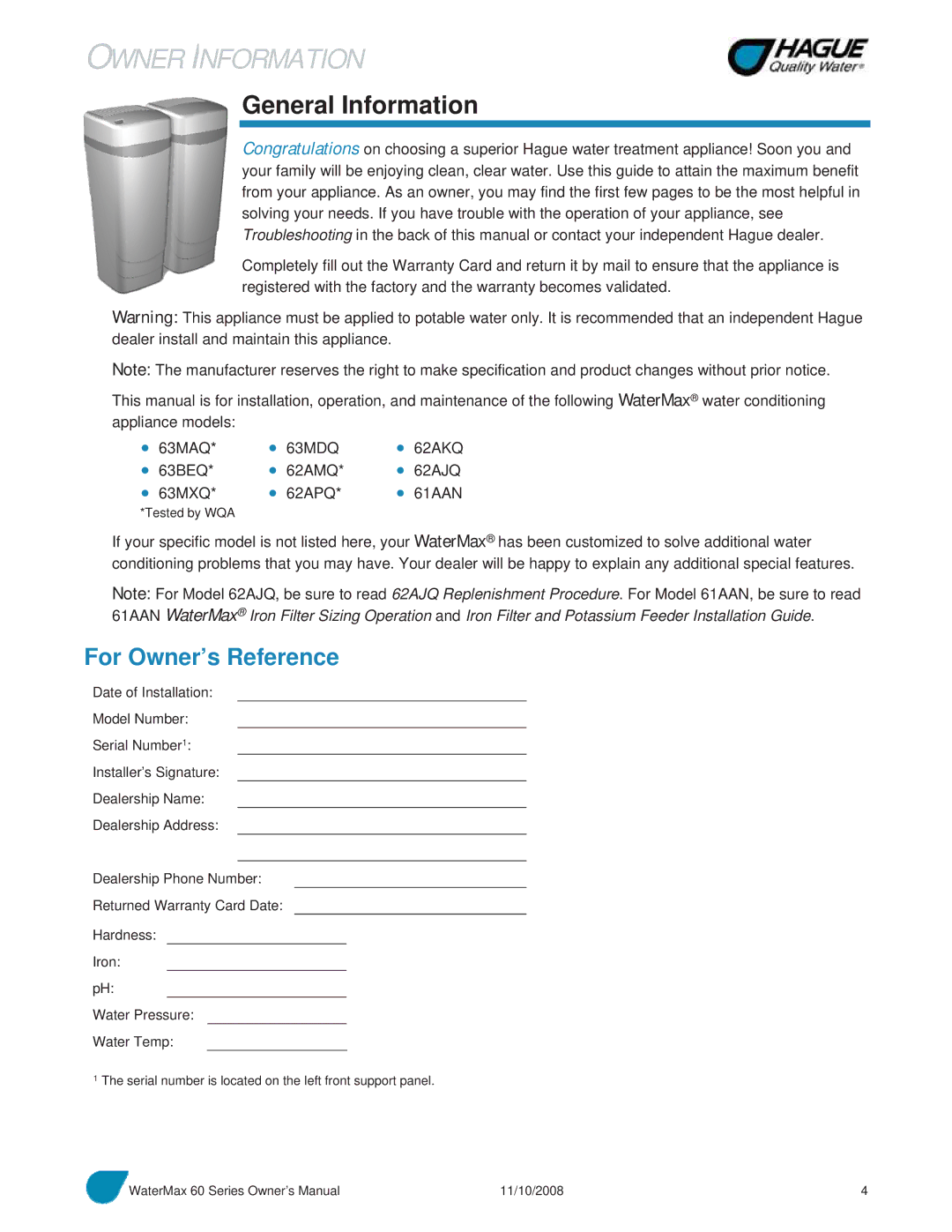 Hague Quality Water Intl 60 SERIES manual General Information, For Owner’s Reference 