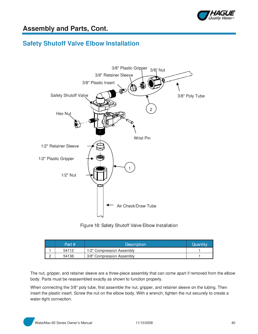 Hague Quality Water Intl 60 SERIES manual Safety Shutoff Valve Elbow Installation 