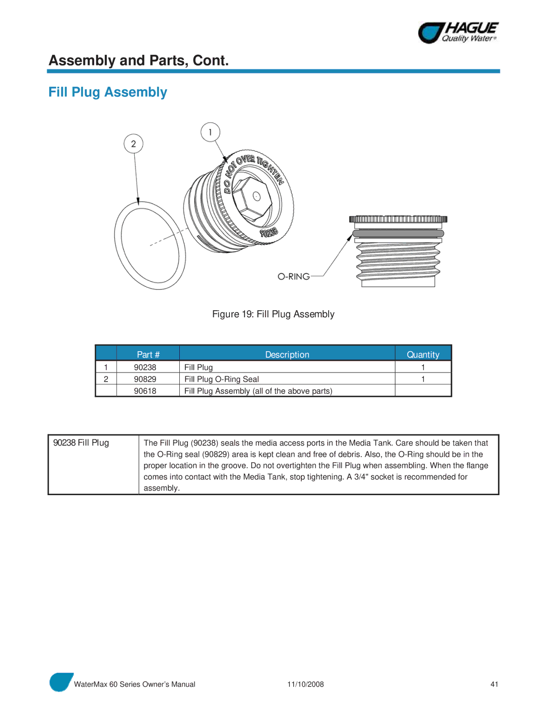 Hague Quality Water Intl 60 SERIES manual Fill Plug Assembly 