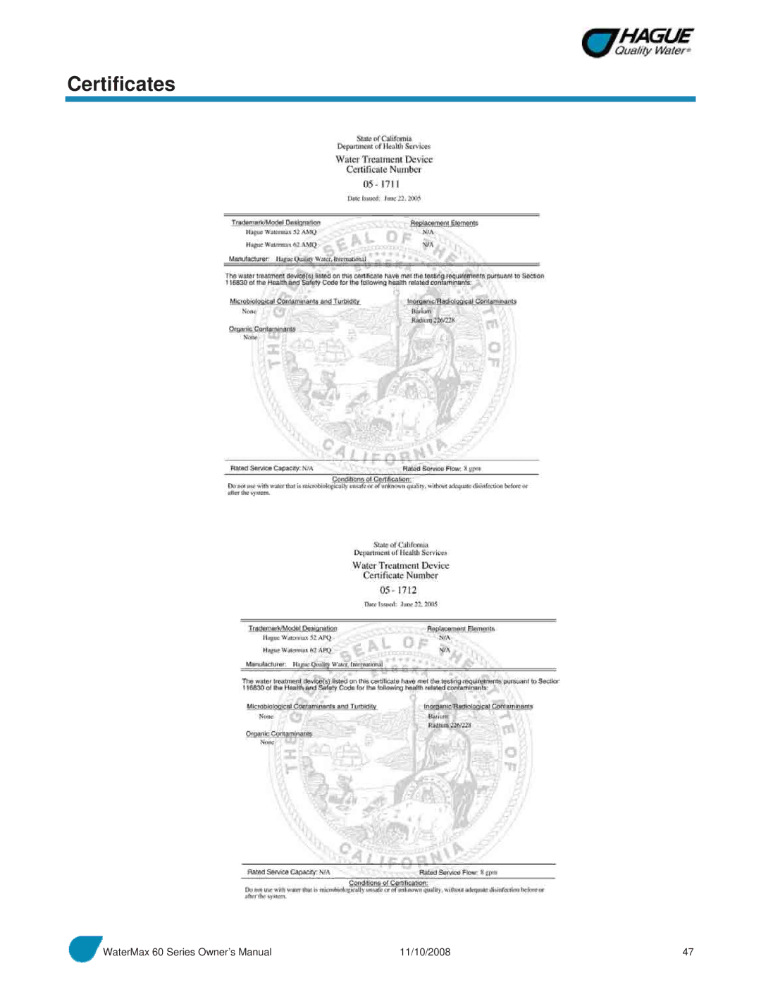 Hague Quality Water Intl 60 SERIES manual Certificates 