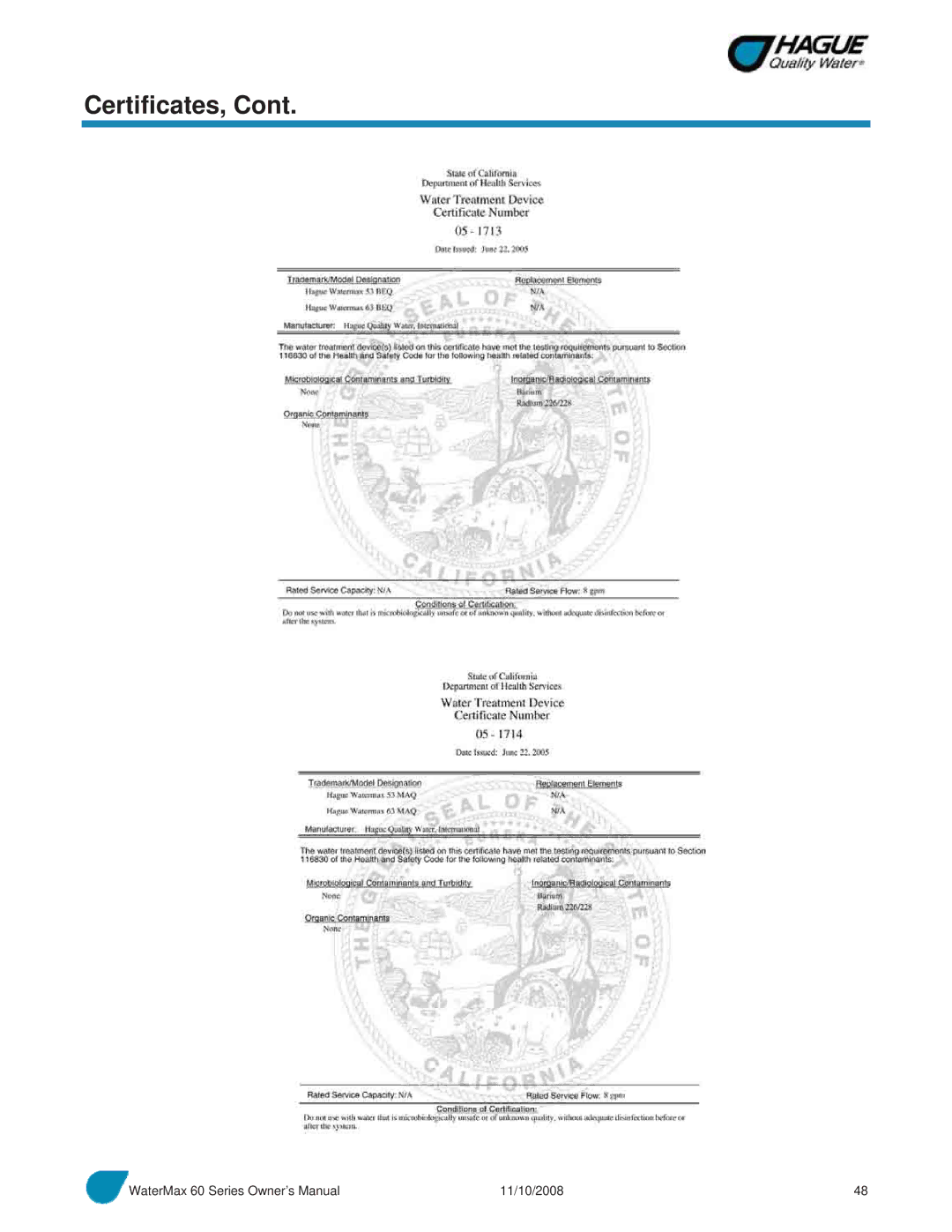 Hague Quality Water Intl 60 SERIES manual Certificates 