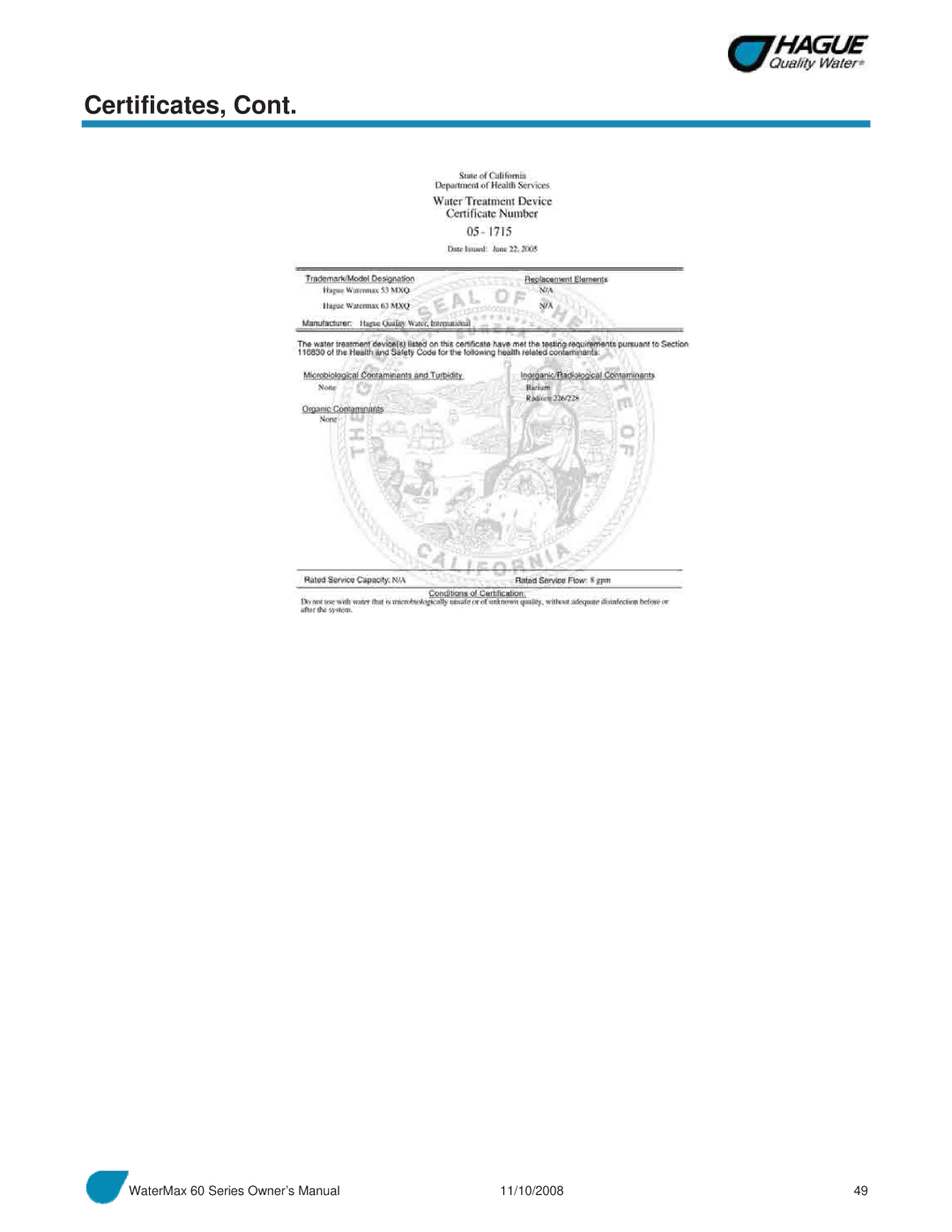 Hague Quality Water Intl 60 SERIES manual Certificates 