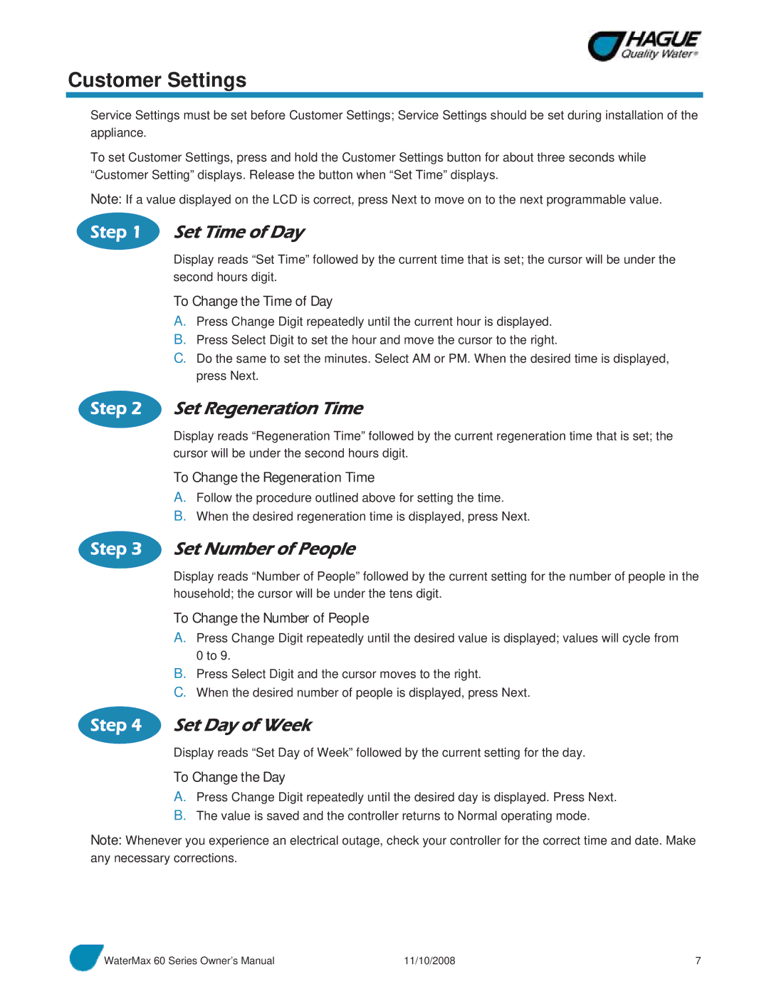 Hague Quality Water Intl 60 SERIES manual Customer Settings, Set Time of Day, Set Regeneration Time, Set Number of People 