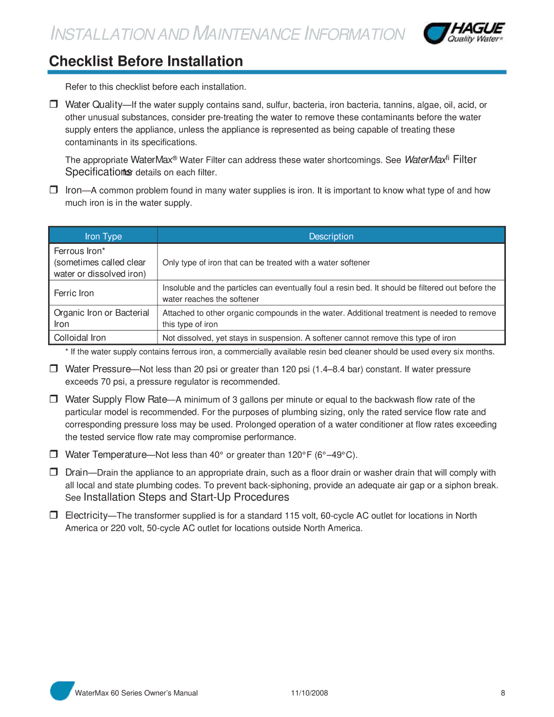 Hague Quality Water Intl 60 SERIES manual Checklist Before Installation, Iron Type Description 