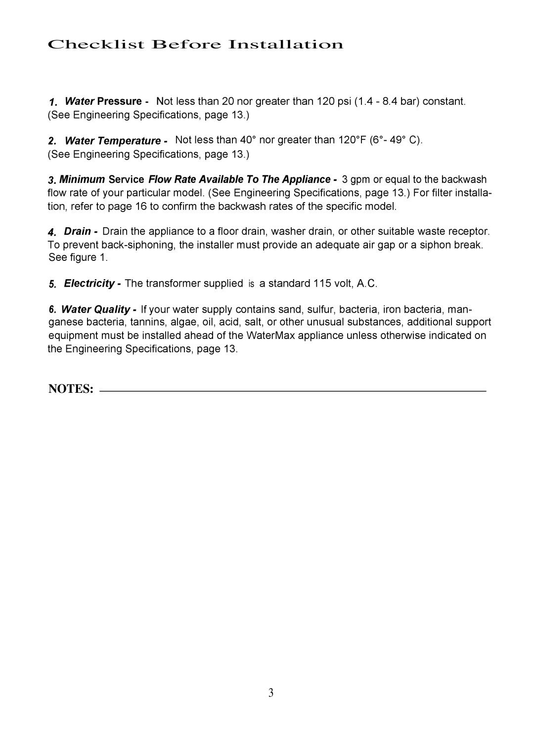 Hague Quality Water Intl 63BEQ, 63MAQ warranty Checklist Before Installation 